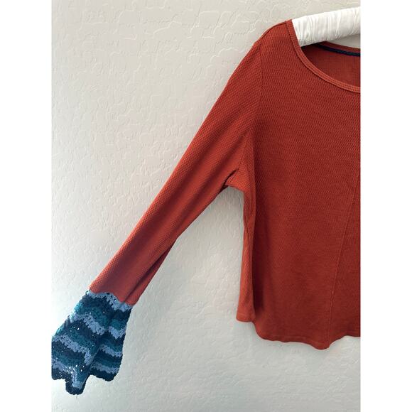 ANTHROPOLOGIE Orange Waffle Knit Long Sleeve Top Flare Crochet Cuff Boho Medium - Picture 3 of 8
